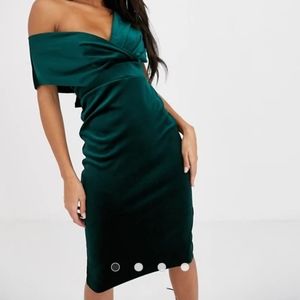 ASOS DESIGN velvet fallen shoulder midi pencil dre